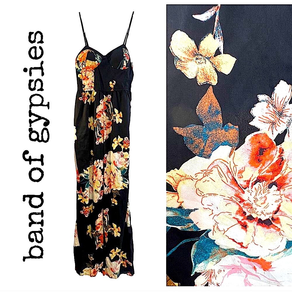 BAND OF GYPSIES Black orange cream teal floral jumpsuit with spaghetti straps SM